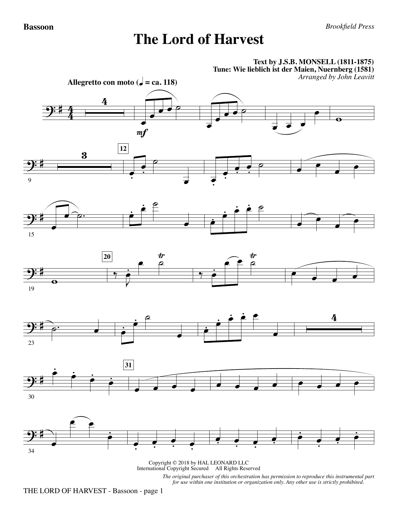 John Leavitt The Lord of Harvest - Bassoon Sheet Music Notes & Chords for Choral Instrumental Pak - Download or Print PDF