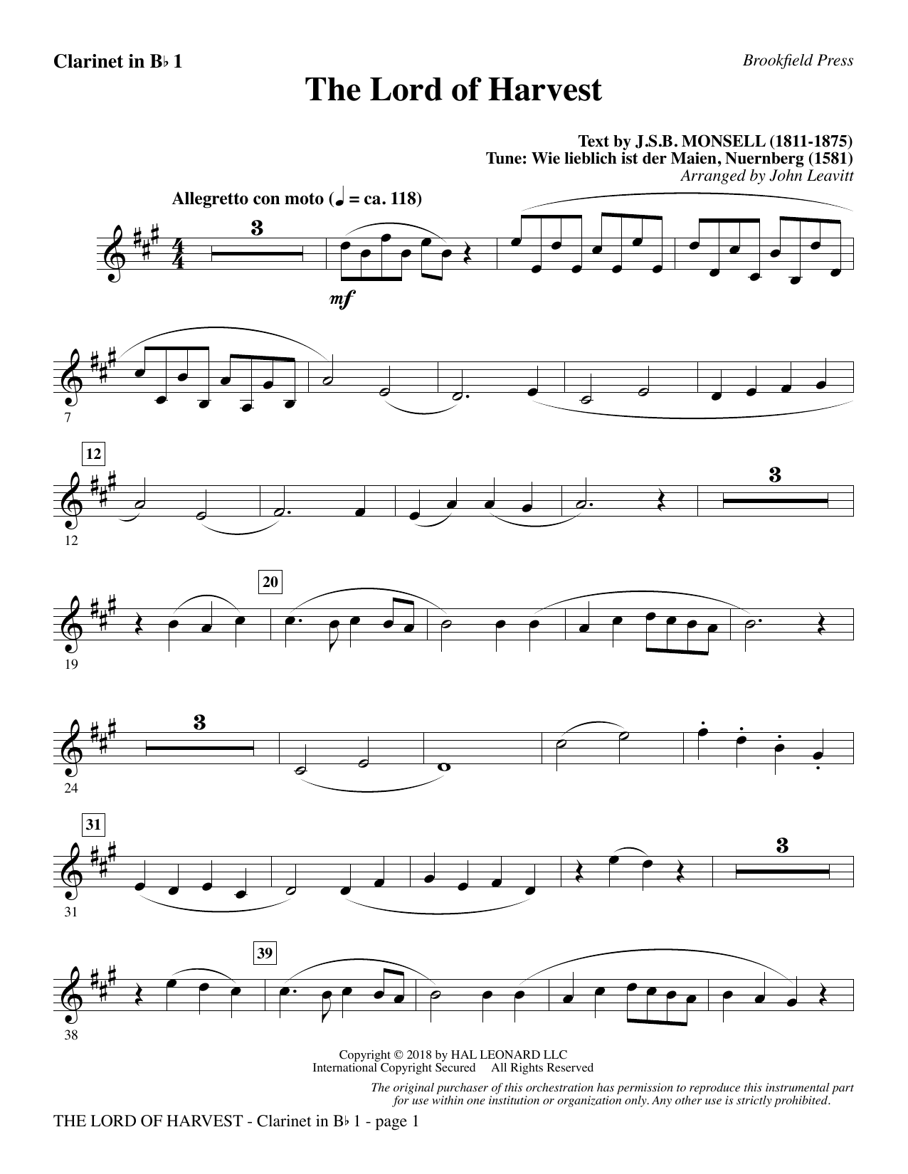 John Leavitt The Lord of Harvest - Bb Clarinet 1 Sheet Music Notes & Chords for Choral Instrumental Pak - Download or Print PDF