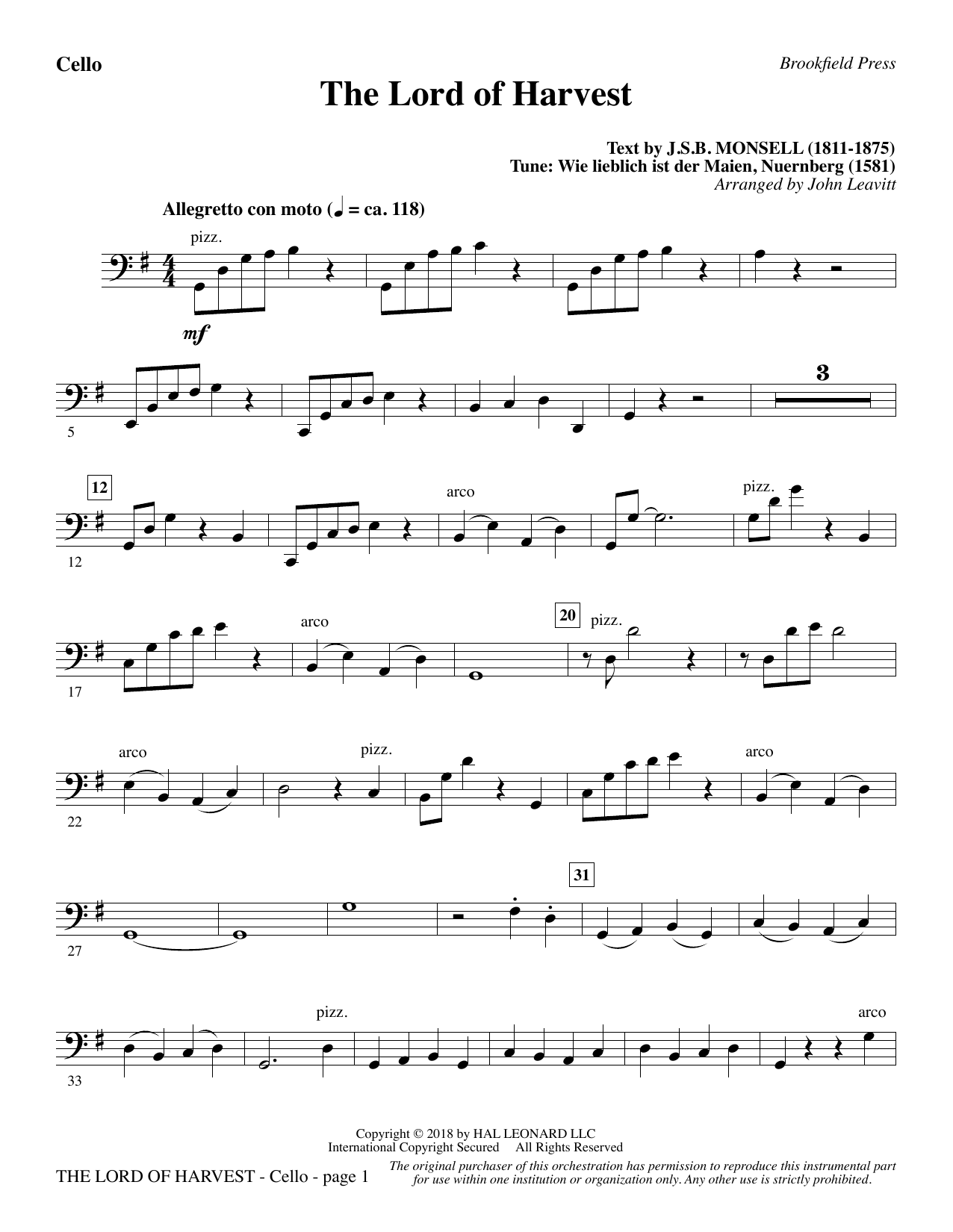 John Leavitt The Lord of Harvest - Cello Sheet Music Notes & Chords for Choral Instrumental Pak - Download or Print PDF