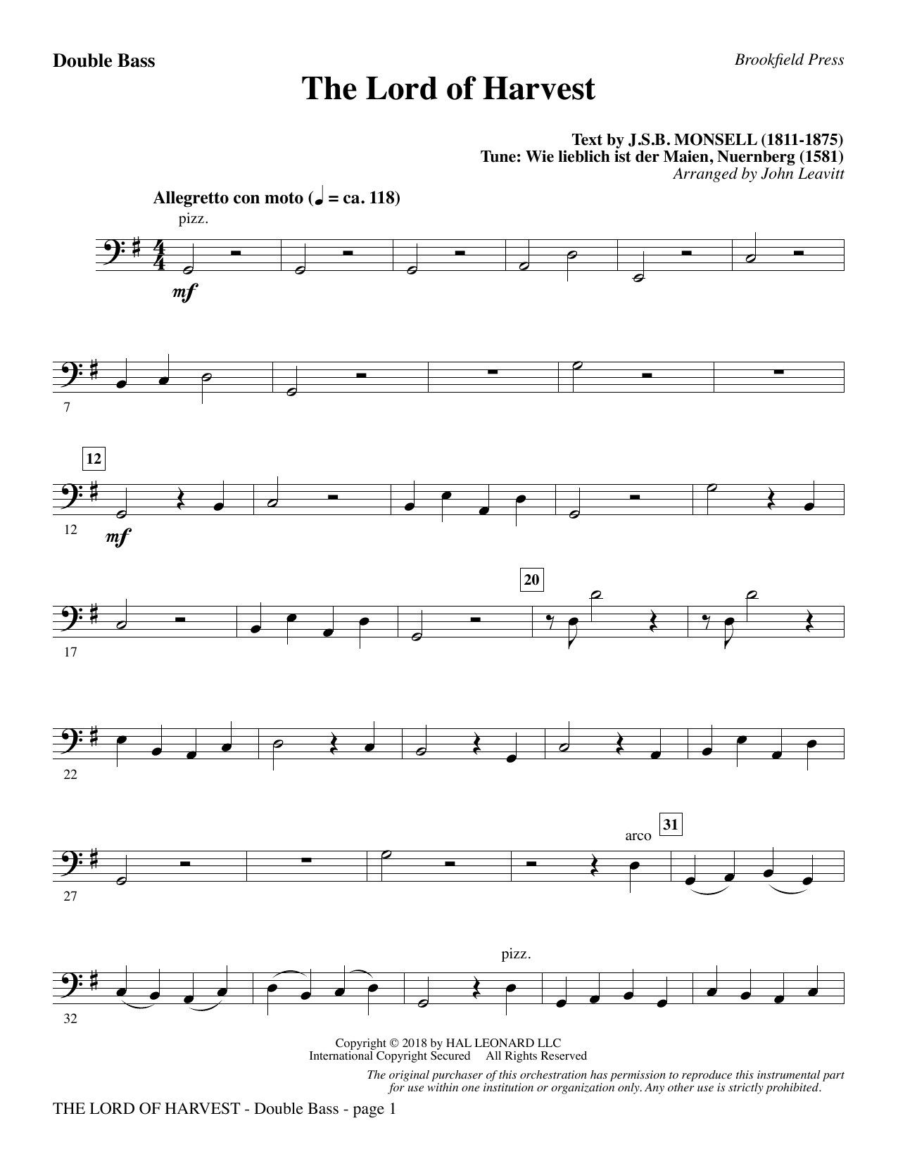 John Leavitt The Lord of Harvest - Double Bass Sheet Music Notes & Chords for Choral Instrumental Pak - Download or Print PDF