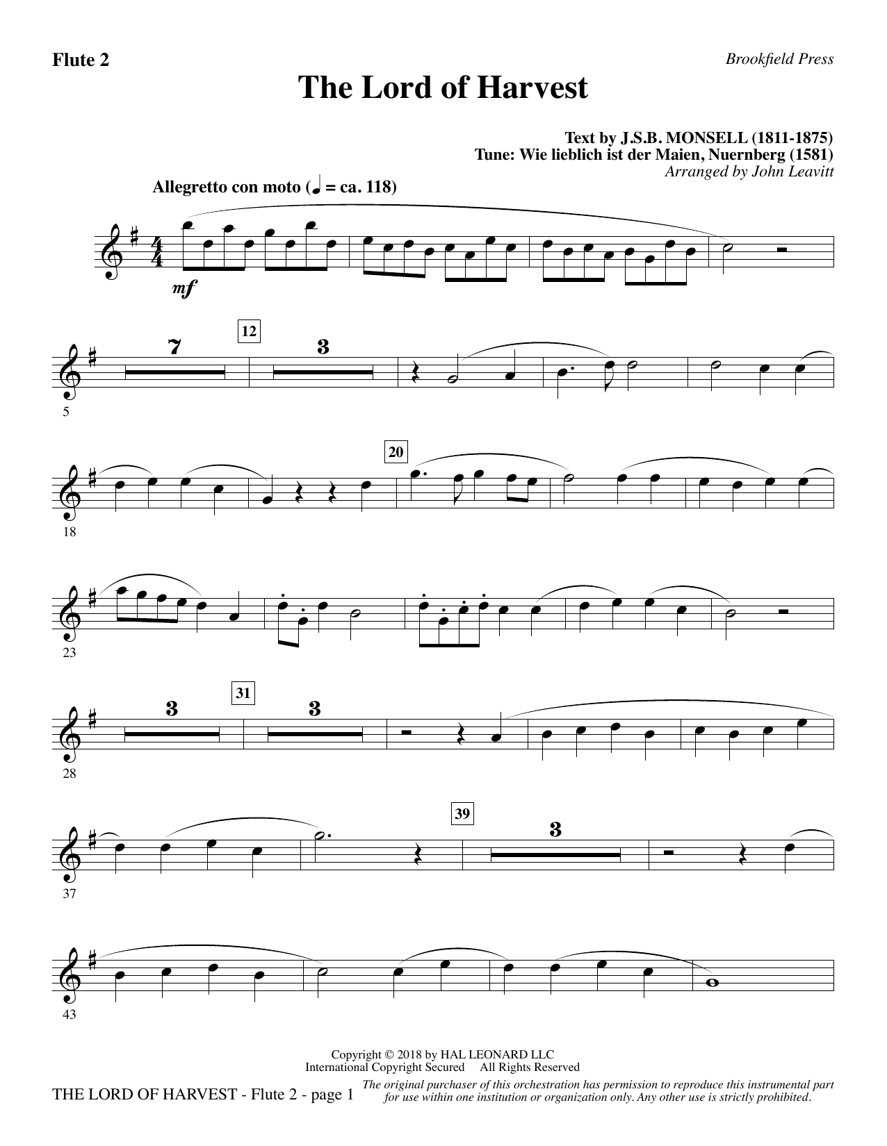 John Leavitt The Lord of Harvest - Flute 2 Sheet Music Notes & Chords for Choral Instrumental Pak - Download or Print PDF