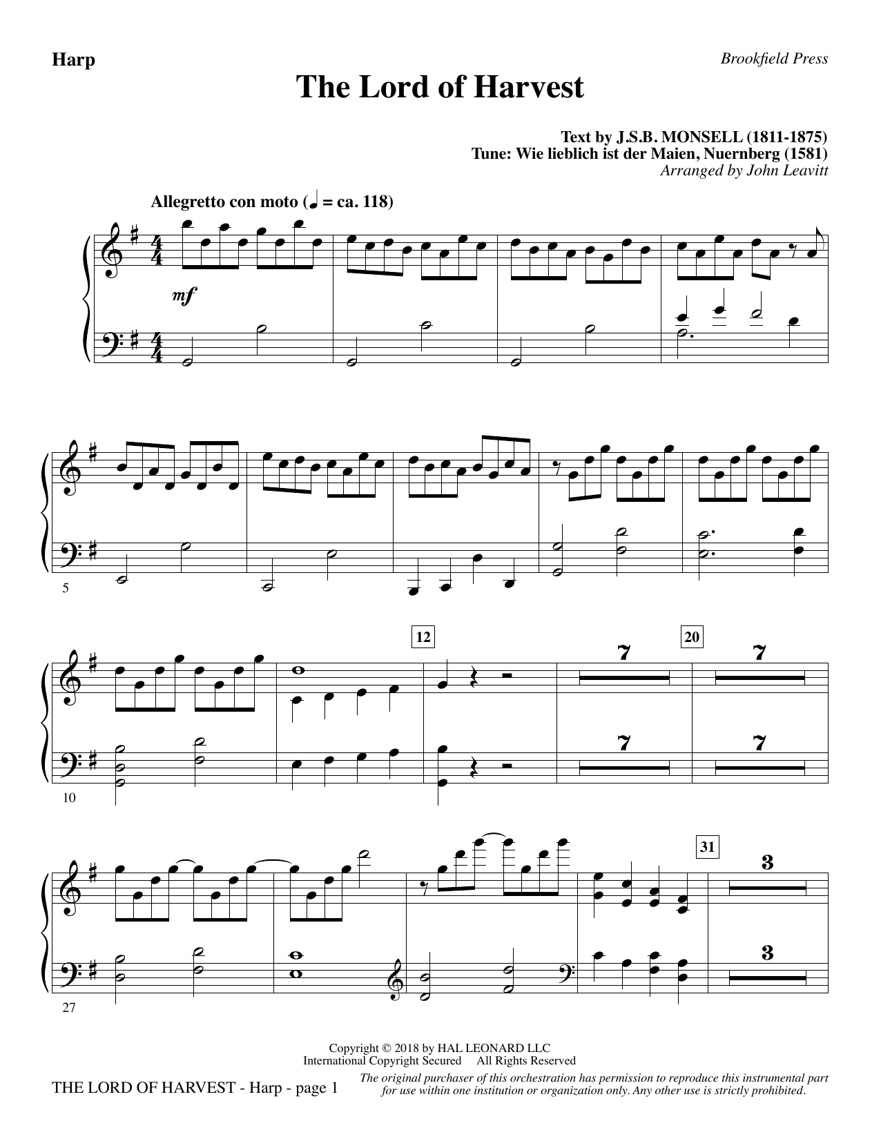 John Leavitt The Lord of Harvest - Harp Sheet Music Notes & Chords for Choral Instrumental Pak - Download or Print PDF