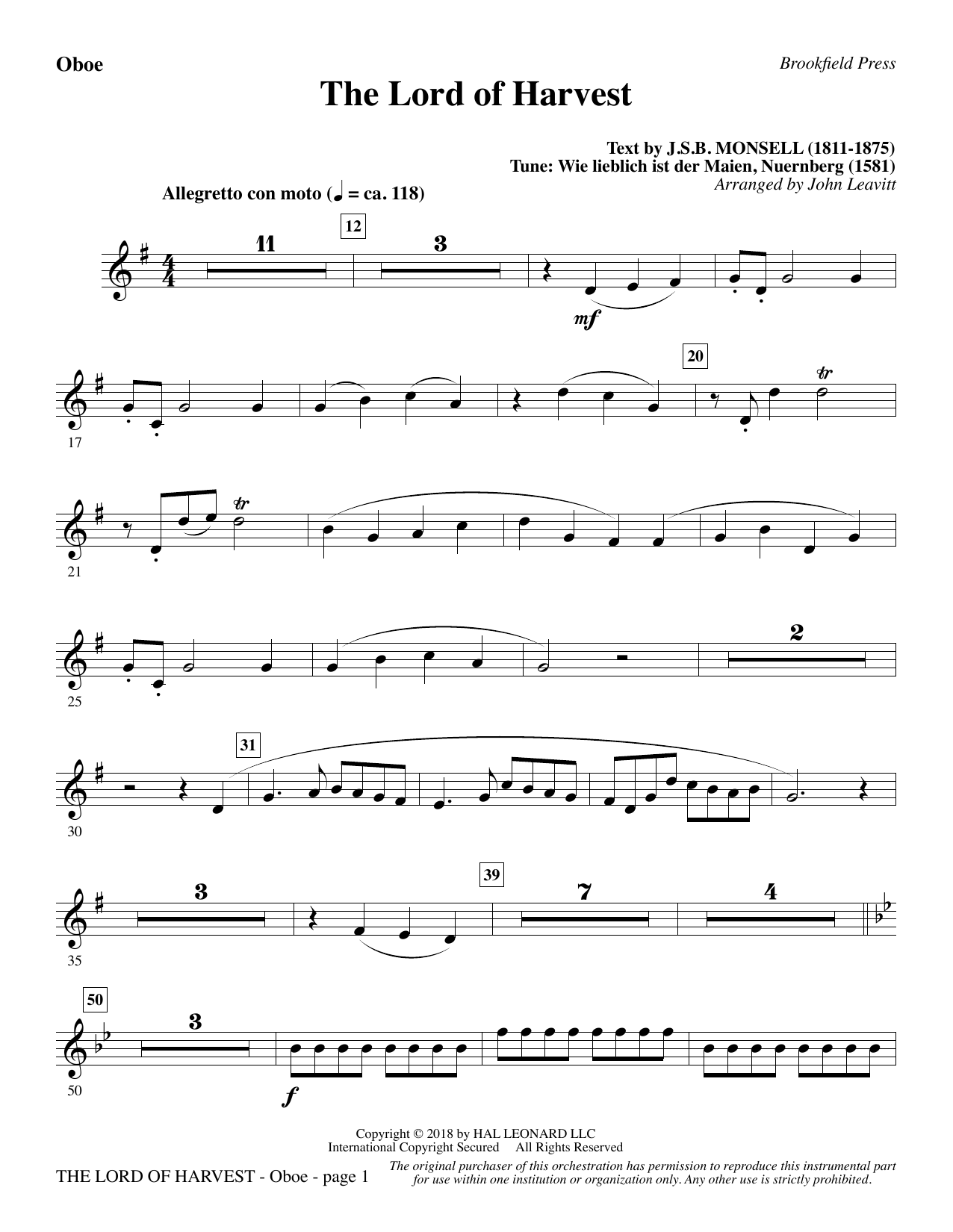 John Leavitt The Lord of Harvest - Oboe Sheet Music Notes & Chords for Choral Instrumental Pak - Download or Print PDF