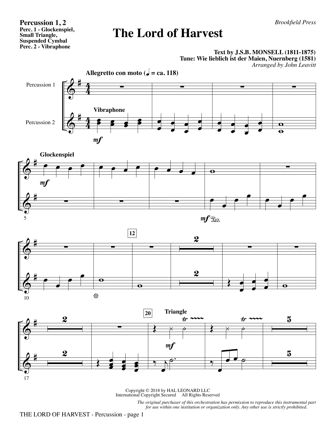 John Leavitt The Lord of Harvest - Percussion 1 & 2 Sheet Music Notes & Chords for Choral Instrumental Pak - Download or Print PDF