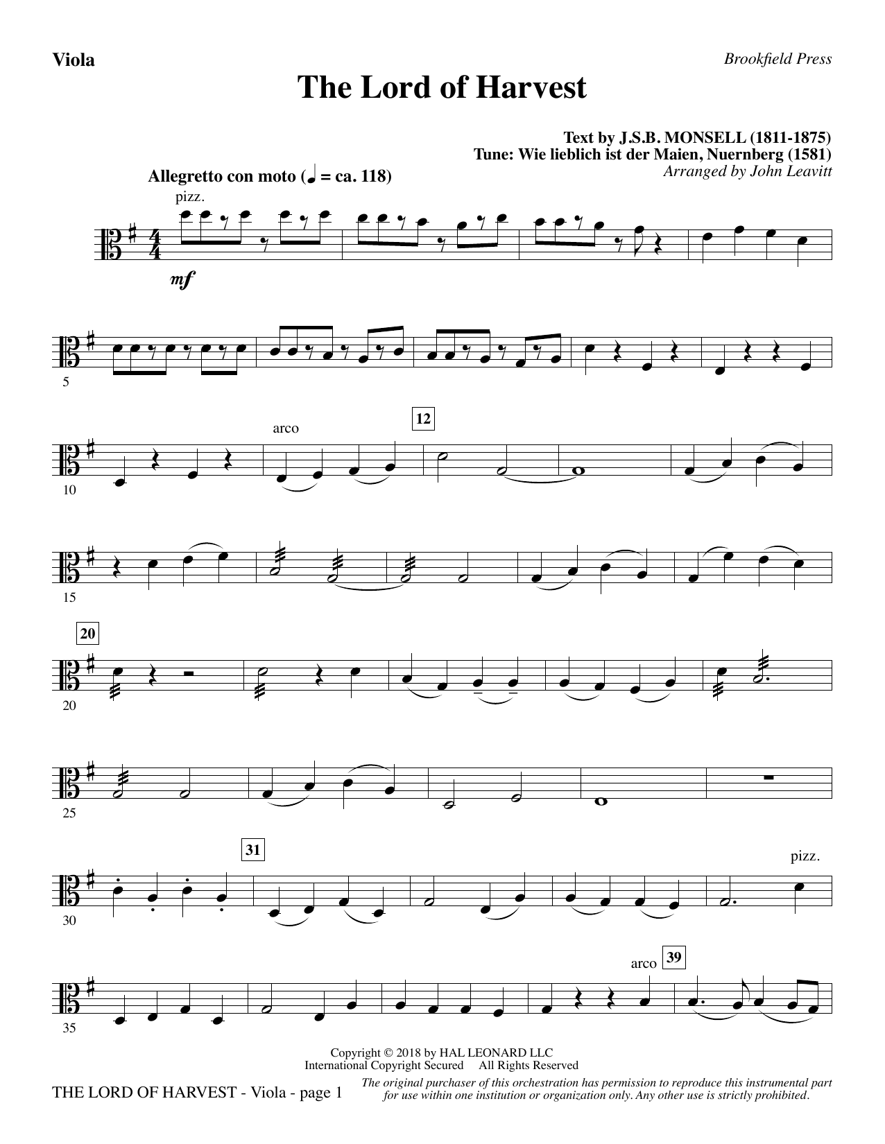 John Leavitt The Lord of Harvest - Viola Sheet Music Notes & Chords for Choral Instrumental Pak - Download or Print PDF