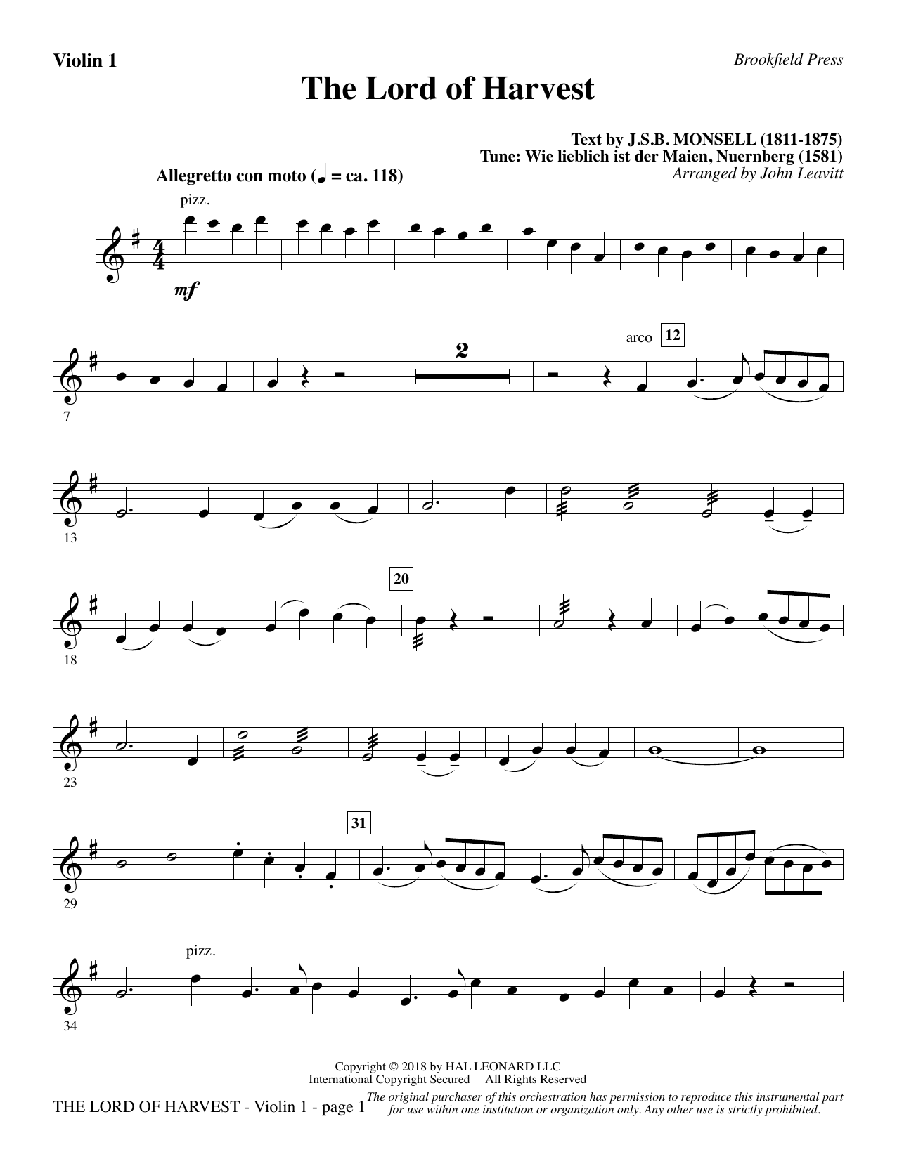 John Leavitt The Lord of Harvest - Violin 1 Sheet Music Notes & Chords for Choral Instrumental Pak - Download or Print PDF