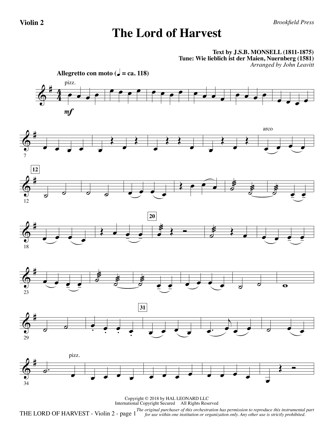 John Leavitt The Lord of Harvest - Violin 2 Sheet Music Notes & Chords for Choral Instrumental Pak - Download or Print PDF