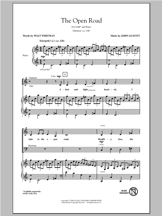 John Leavitt The Open Road Sheet Music Notes & Chords for SSA - Download or Print PDF