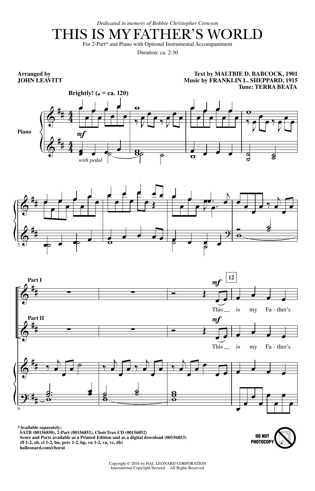 John Leavitt This Is My Father's World Sheet Music Notes & Chords for 2-Part Choir - Download or Print PDF