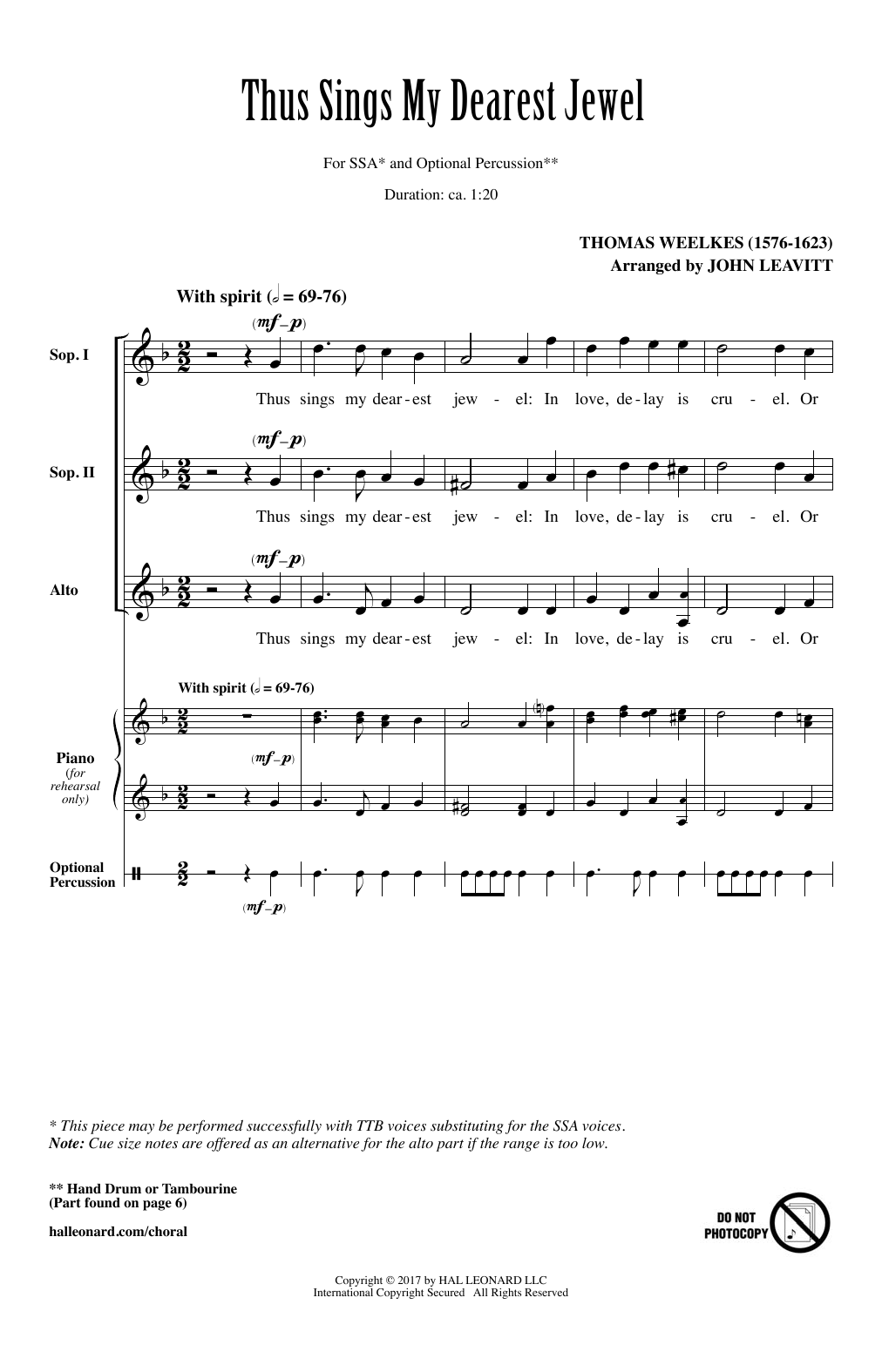 John Leavitt Thus Sings My Dearest Jewel Sheet Music Notes & Chords for SSA - Download or Print PDF