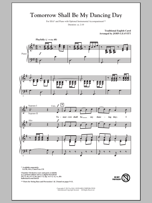 Traditional Carol Tomorrow Shall Be My Dancing Day (arr. John Leavitt) Sheet Music Notes & Chords for SSA - Download or Print PDF