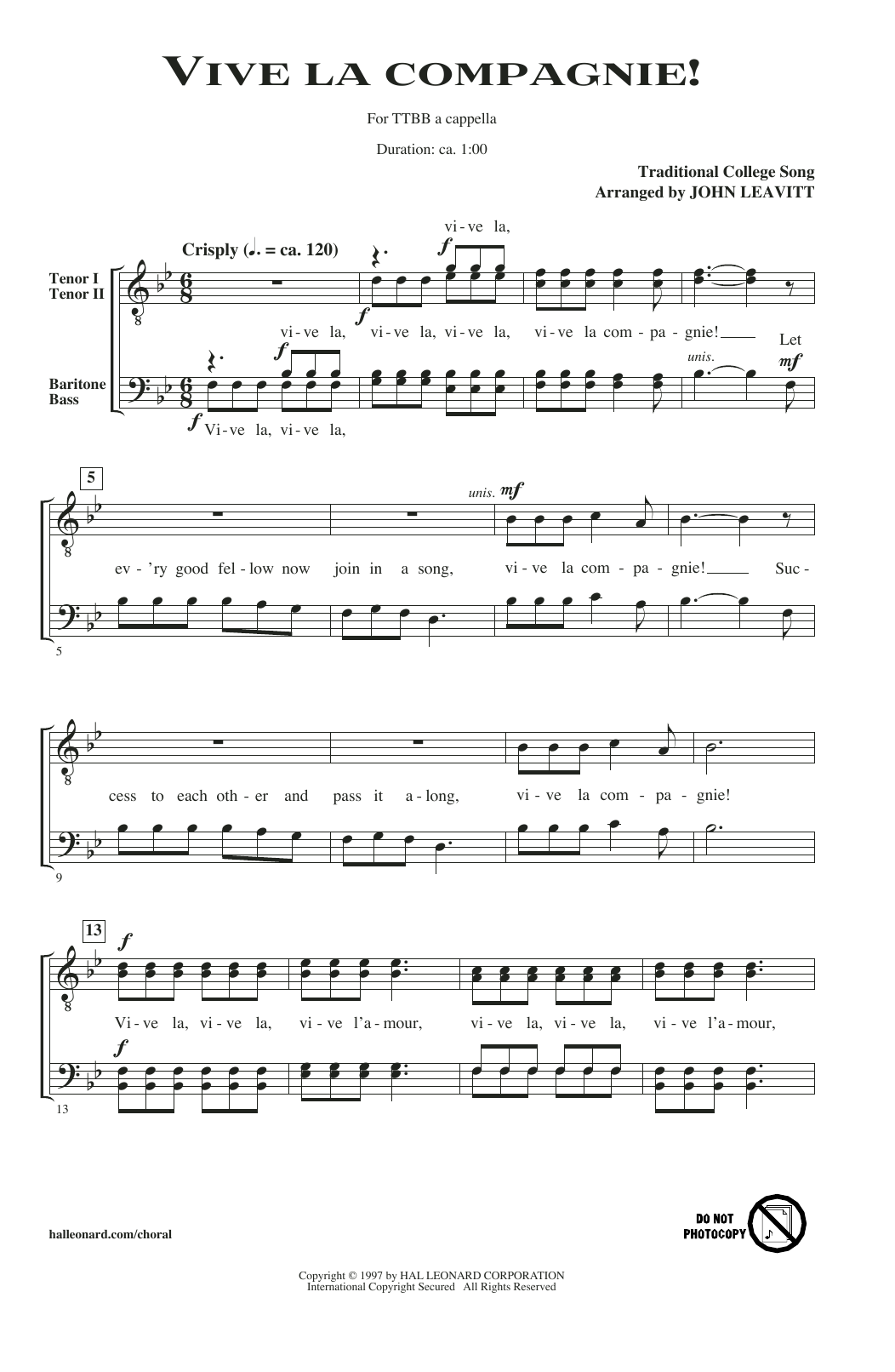 John Leavitt Vive La Compagnie! Sheet Music Notes & Chords for TTBB - Download or Print PDF