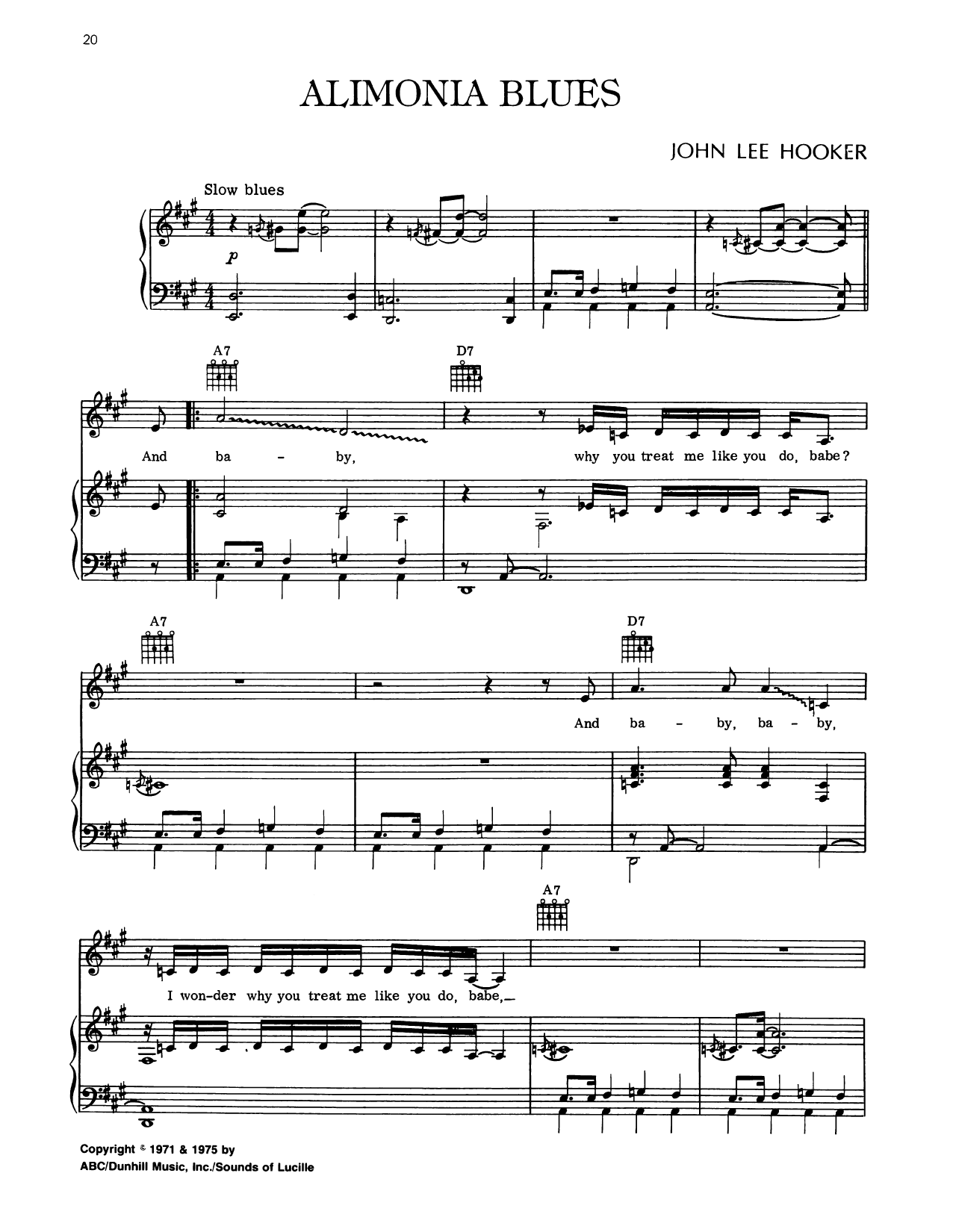 John Lee Hooker Alimonia Blues Sheet Music Notes & Chords for Piano, Vocal & Guitar Chords (Right-Hand Melody) - Download or Print PDF