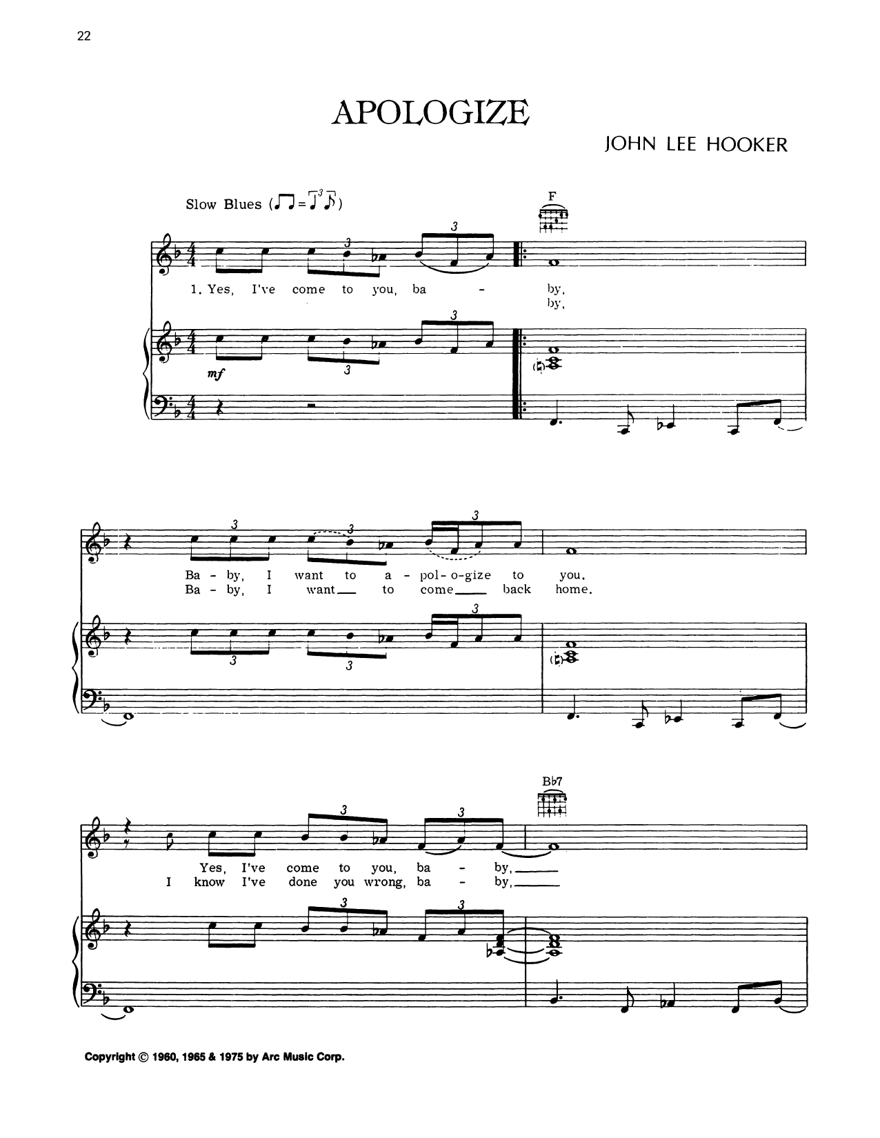 John Lee Hooker Apologize Sheet Music Notes & Chords for Piano, Vocal & Guitar Chords (Right-Hand Melody) - Download or Print PDF