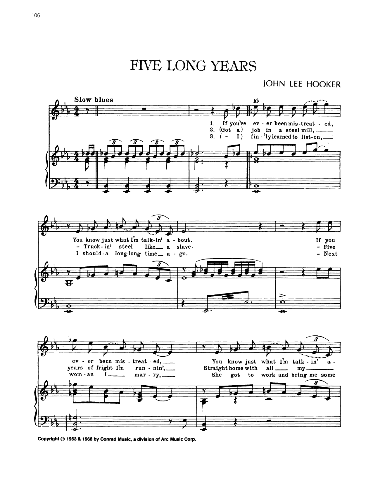 John Lee Hooker Five Long Years Sheet Music Notes & Chords for Piano, Vocal & Guitar Chords (Right-Hand Melody) - Download or Print PDF