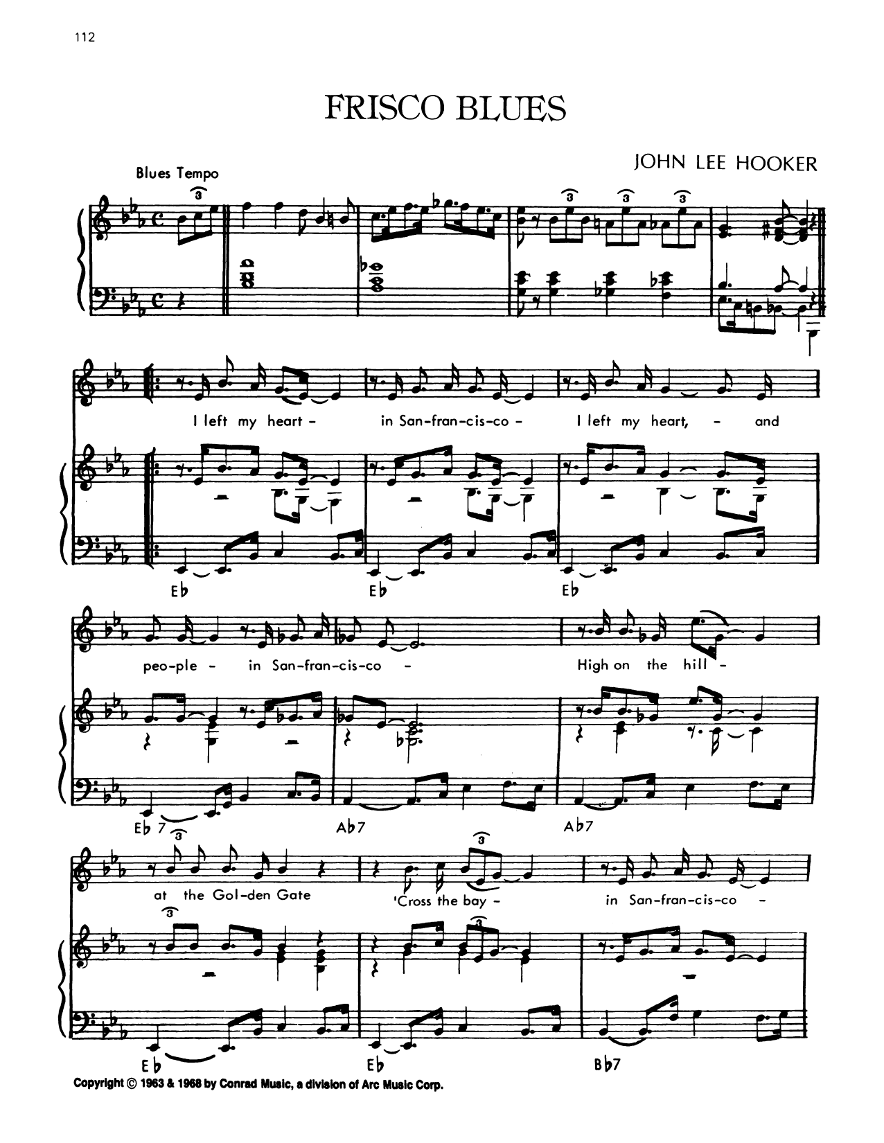 John Lee Hooker Frisco Blues Sheet Music Notes & Chords for Piano, Vocal & Guitar Chords (Right-Hand Melody) - Download or Print PDF