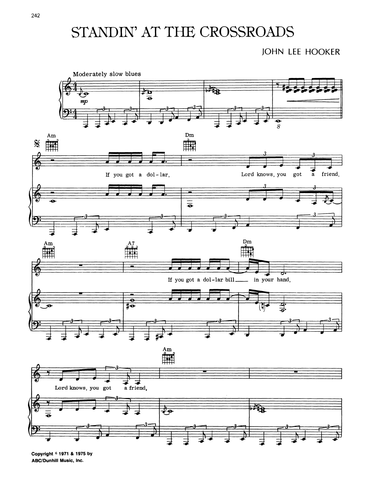 John Lee Hooker Standing At The Crossroads Sheet Music Notes & Chords for Piano, Vocal & Guitar Chords (Right-Hand Melody) - Download or Print PDF
