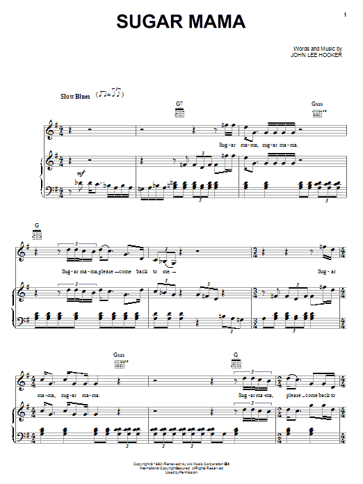 John Lee Hooker Sugar Mama Sheet Music Notes & Chords for Piano, Vocal & Guitar (Right-Hand Melody) - Download or Print PDF
