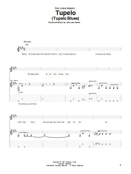 John Lee Hooker Tupelo (Tupelo Blues) Sheet Music Notes & Chords for Piano, Vocal & Guitar (Right-Hand Melody) - Download or Print PDF