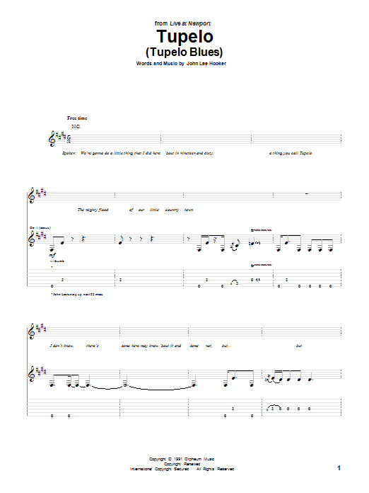 John Lee Hooker Tupelo (Tupelo Blues) Sheet Music Notes & Chords for Guitar Tab - Download or Print PDF