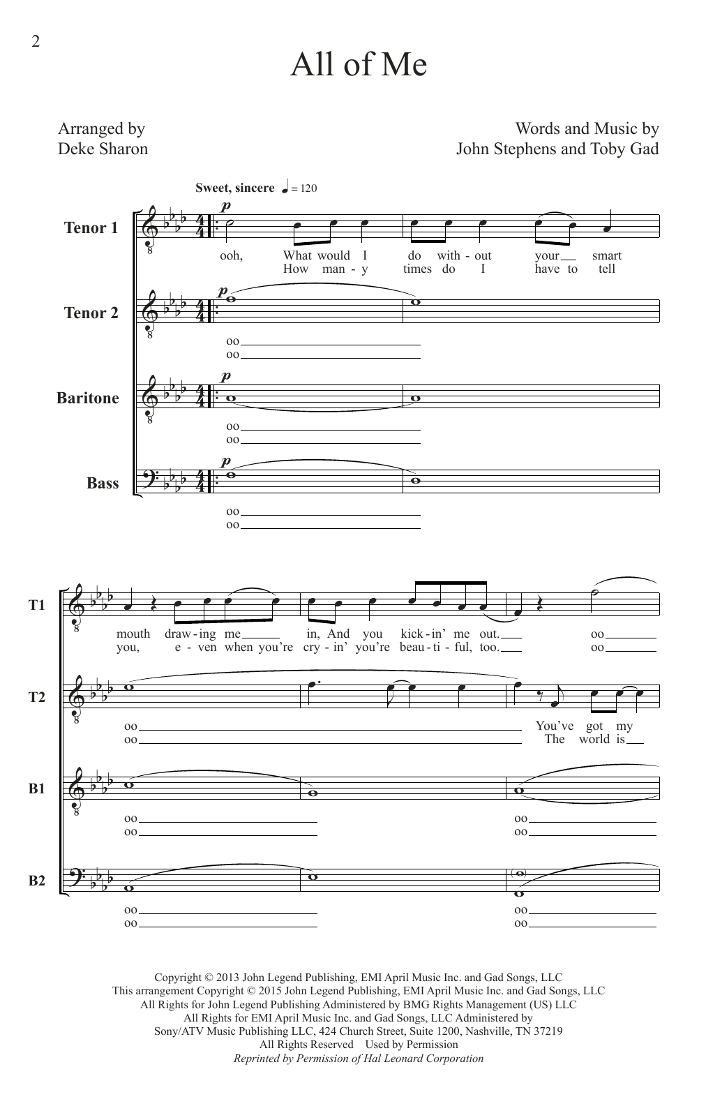 John Legend All Of Me (arr. Deke Sharon) Sheet Music Notes & Chords for TTBB - Download or Print PDF