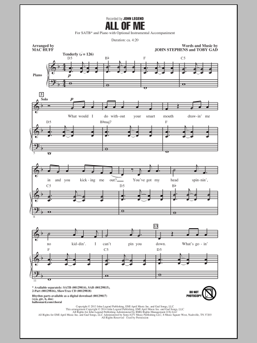 John Legend All Of Me (arr. Mac Huff) Sheet Music Notes & Chords for SAB - Download or Print PDF