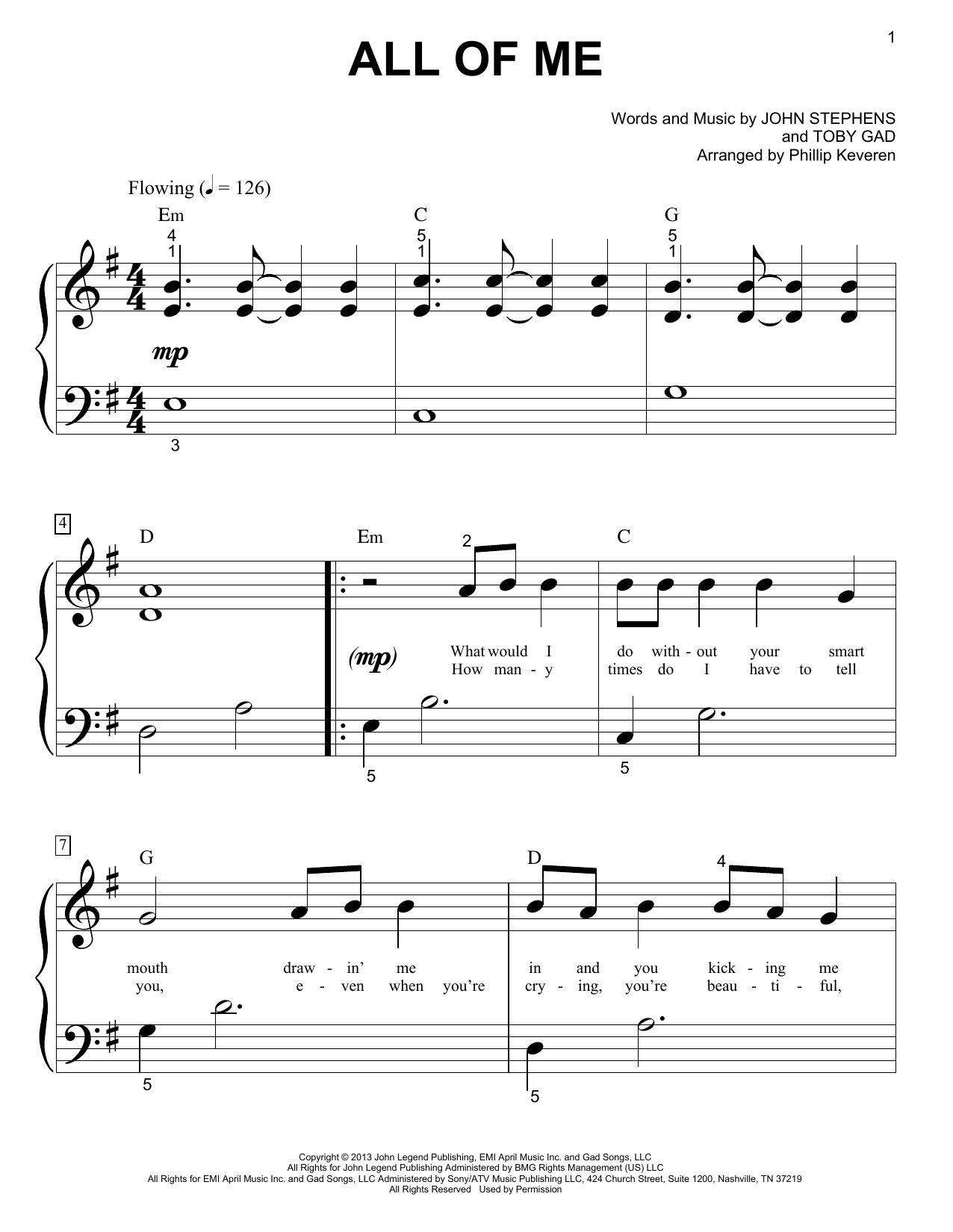 John Legend All Of Me Sheet Music Notes & Chords for Piano (Big Notes) - Download or Print PDF