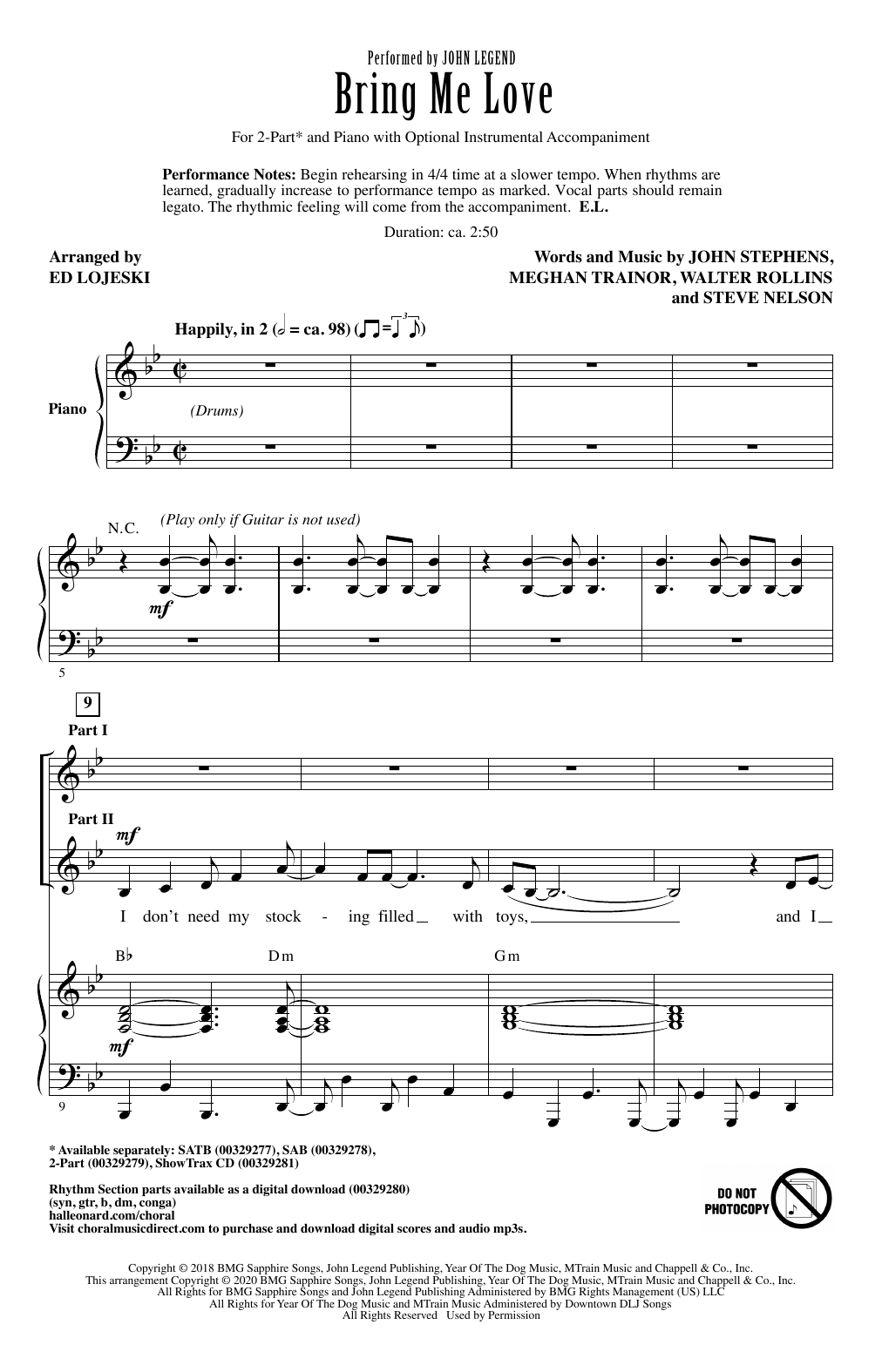 John Legend Bring Me Love (arr. Ed Lojeski) Sheet Music Notes & Chords for 2-Part Choir - Download or Print PDF
