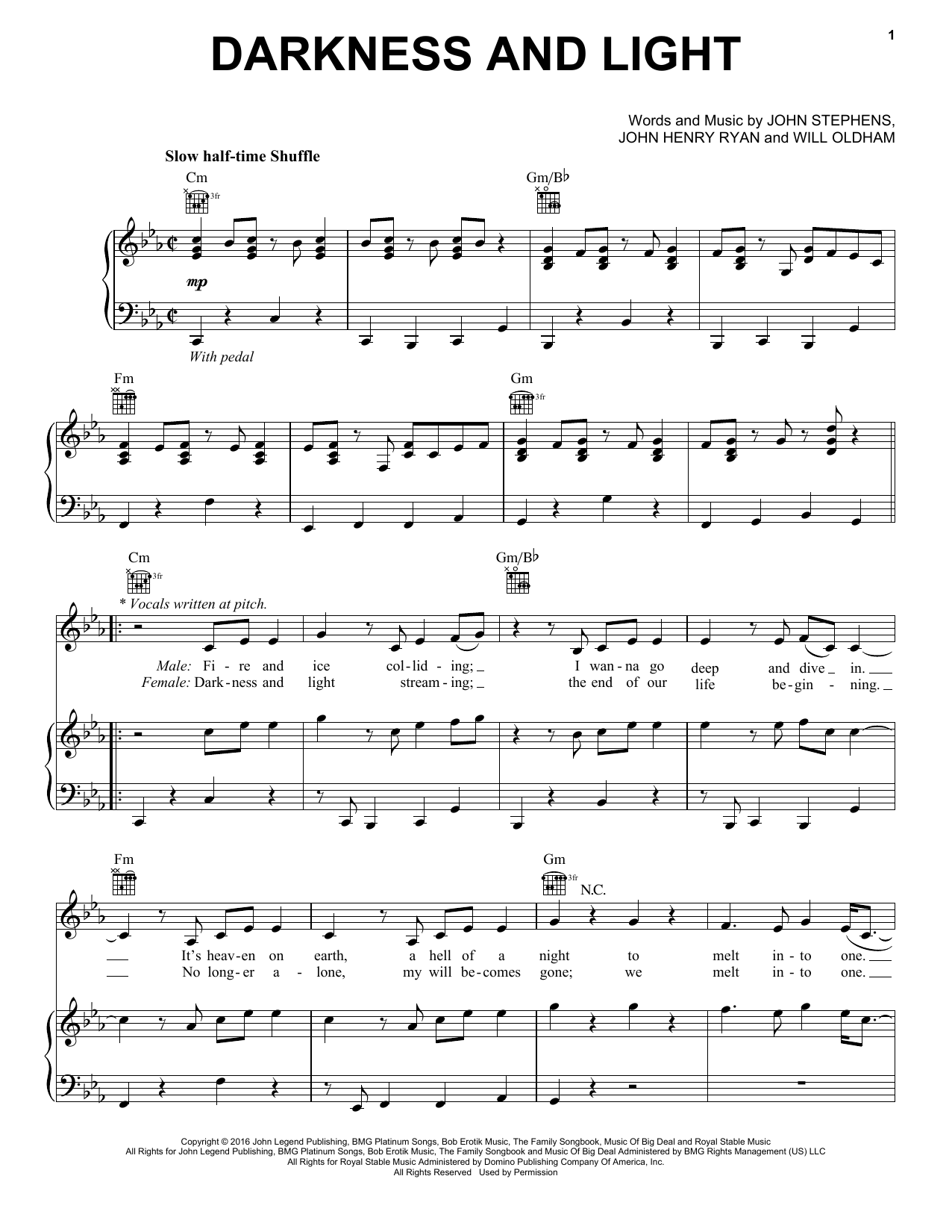 John Legend Darkness And Light Sheet Music Notes & Chords for Piano, Vocal & Guitar (Right-Hand Melody) - Download or Print PDF