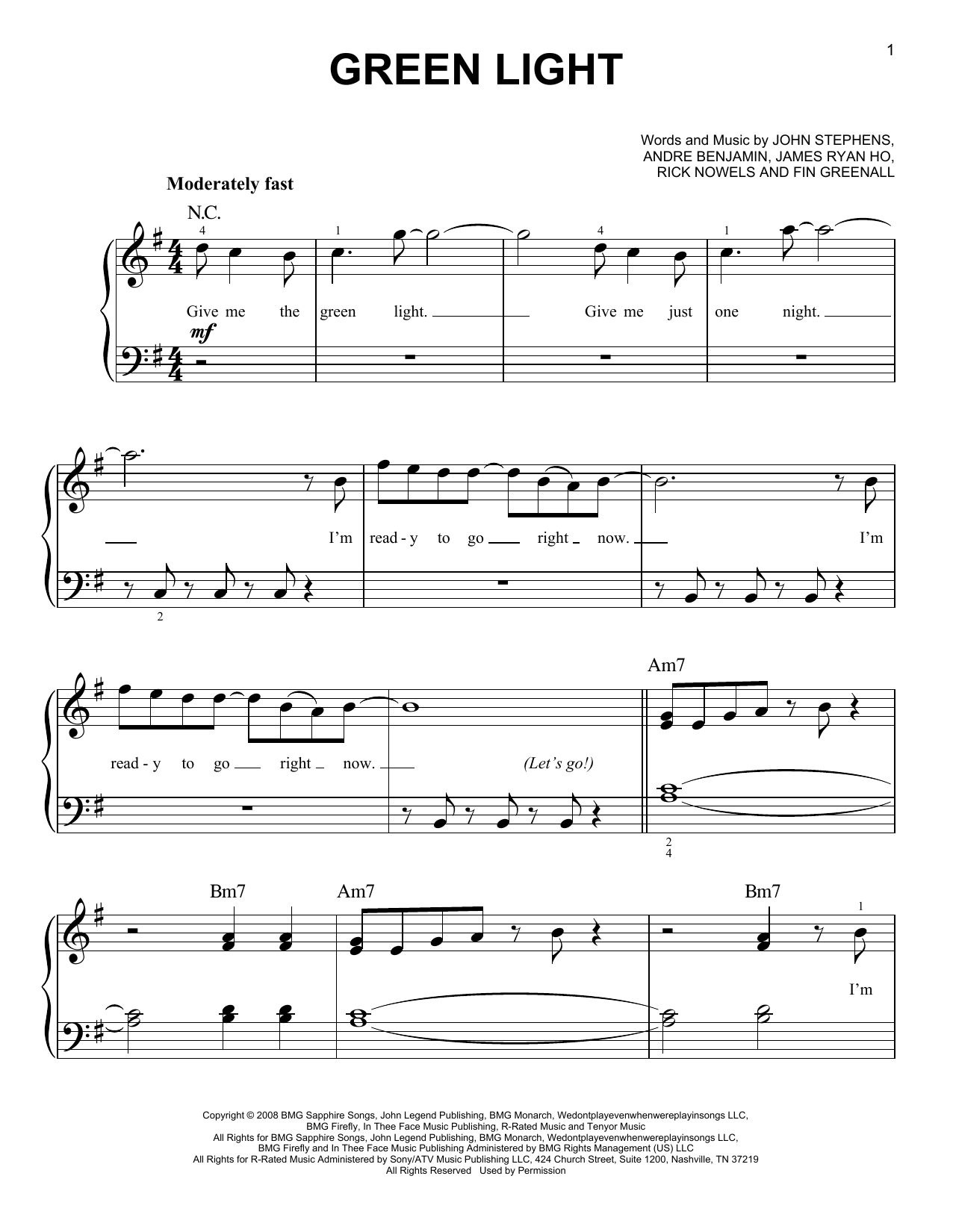 John Legend featuring Andre 3000 Green Light Sheet Music Notes & Chords for Easy Piano - Download or Print PDF