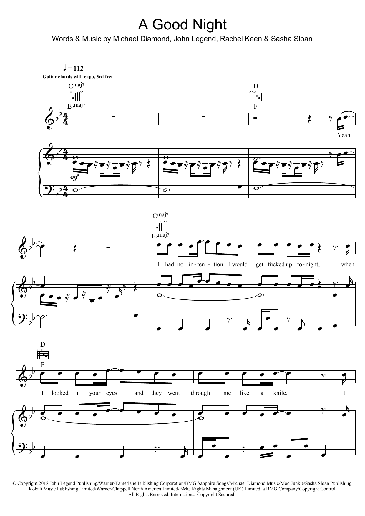 John Legend featuring BloodPop A Good Night (featuring BloodPop) Sheet Music Notes & Chords for Piano, Vocal & Guitar (Right-Hand Melody) - Download or Print PDF