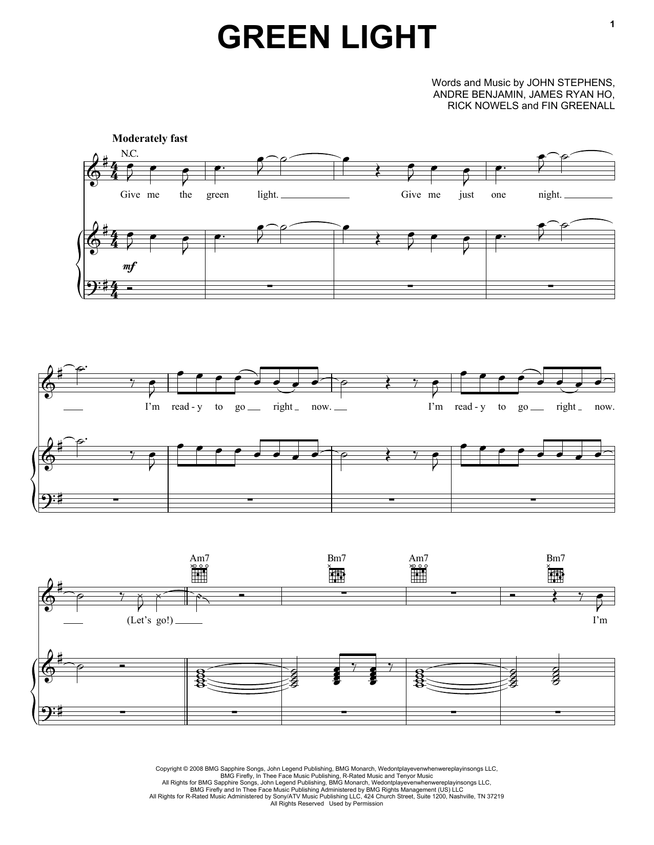 John Legend Green Light Sheet Music Notes & Chords for Piano, Vocal & Guitar (Right-Hand Melody) - Download or Print PDF