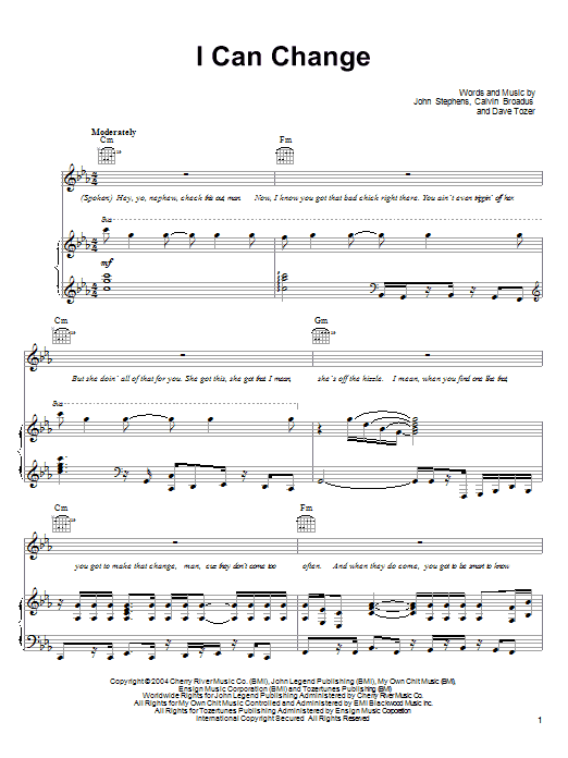 John Legend I Can Change Sheet Music Notes & Chords for Piano, Vocal & Guitar (Right-Hand Melody) - Download or Print PDF