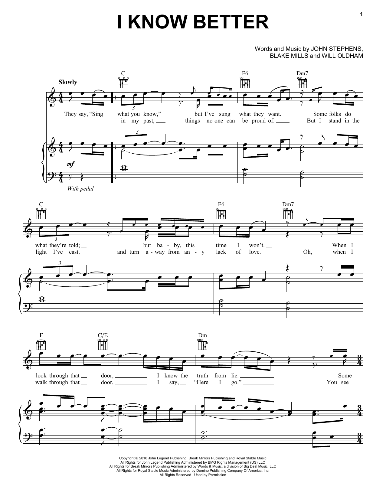 John Legend I Know Better Sheet Music Notes & Chords for Piano, Vocal & Guitar (Right-Hand Melody) - Download or Print PDF