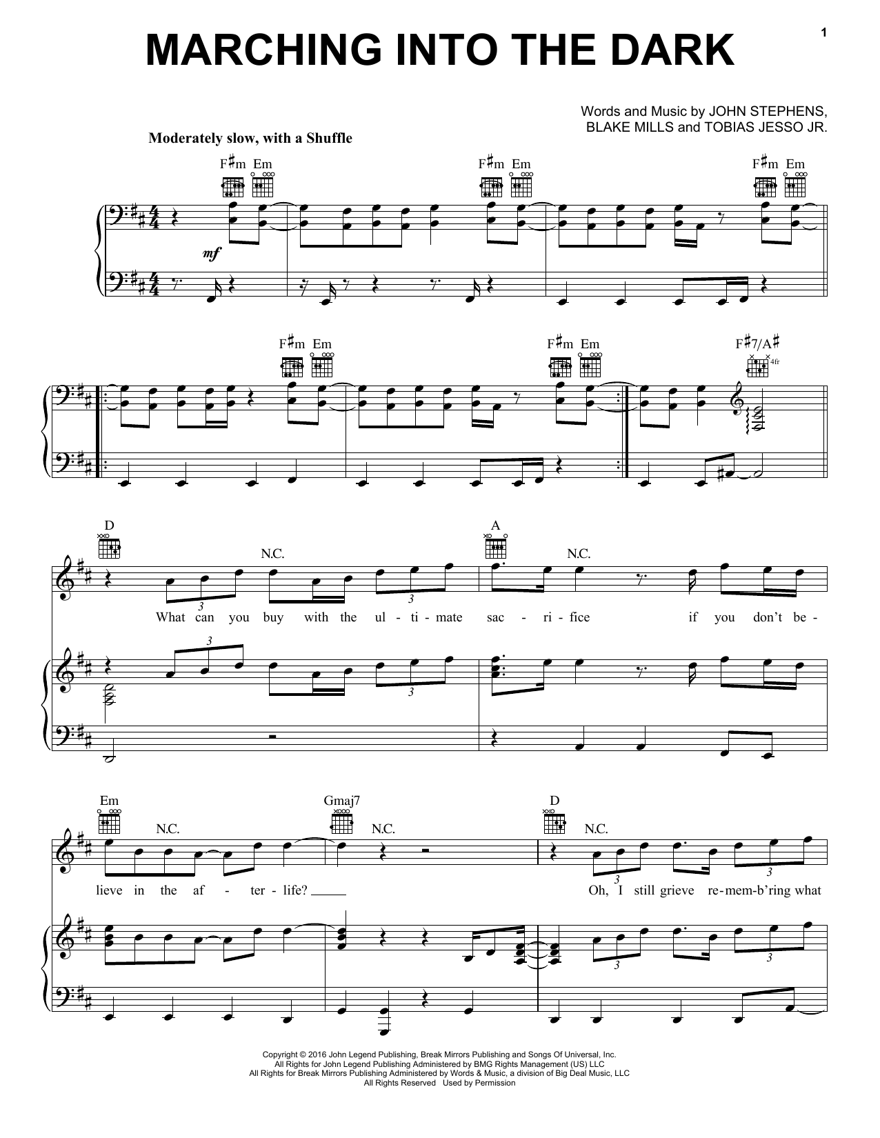 John Legend Marching Into The Dark Sheet Music Notes & Chords for Piano, Vocal & Guitar (Right-Hand Melody) - Download or Print PDF