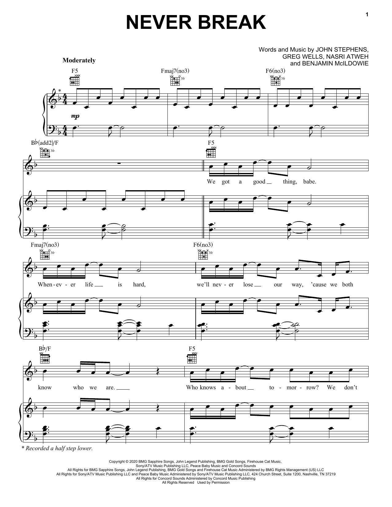 John Legend Never Break Sheet Music Notes & Chords for Big Note Piano - Download or Print PDF
