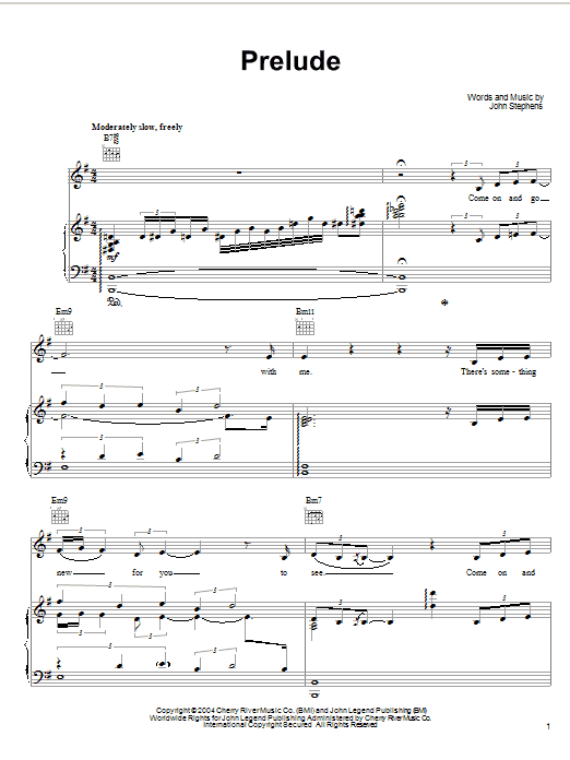 John Legend Prelude Sheet Music Notes & Chords for Piano, Vocal & Guitar (Right-Hand Melody) - Download or Print PDF