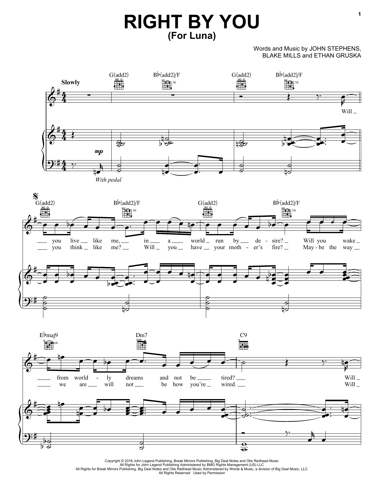 John Legend Right By You (For Luna) Sheet Music Notes & Chords for Piano, Vocal & Guitar (Right-Hand Melody) - Download or Print PDF John Legend Right By You (For Luna) Sheet Music Notes & Chords for Piano, Vocal & Guitar (Right-Hand Melody) - Download or Print PDF