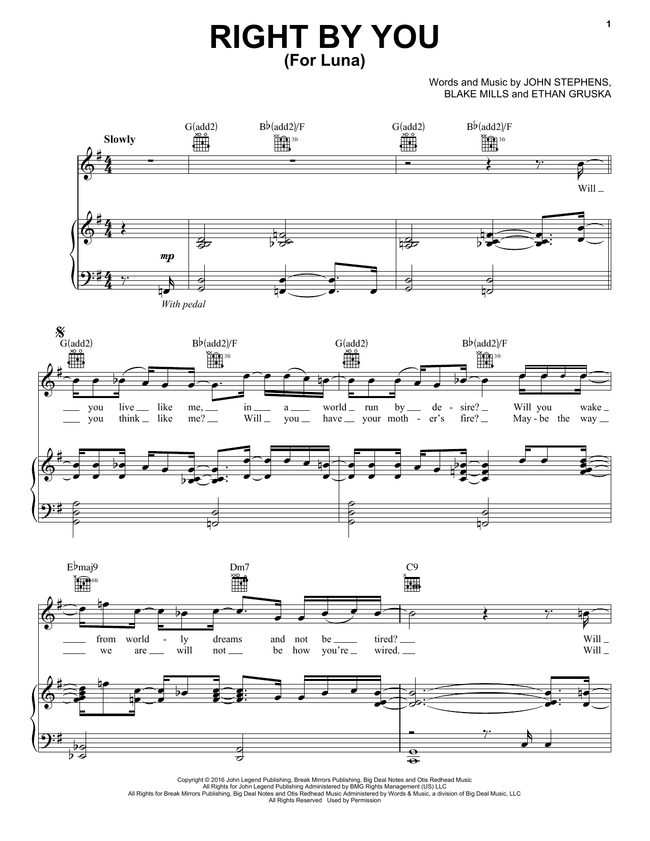 John Legend Right By You (For Luna) Sheet Music Notes & Chords for Piano, Vocal & Guitar (Right-Hand Melody) - Download or Print PDF