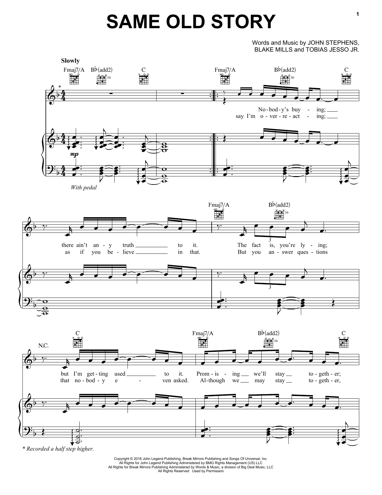 John Legend Same Old Story Sheet Music Notes & Chords for Piano, Vocal & Guitar (Right-Hand Melody) - Download or Print PDF