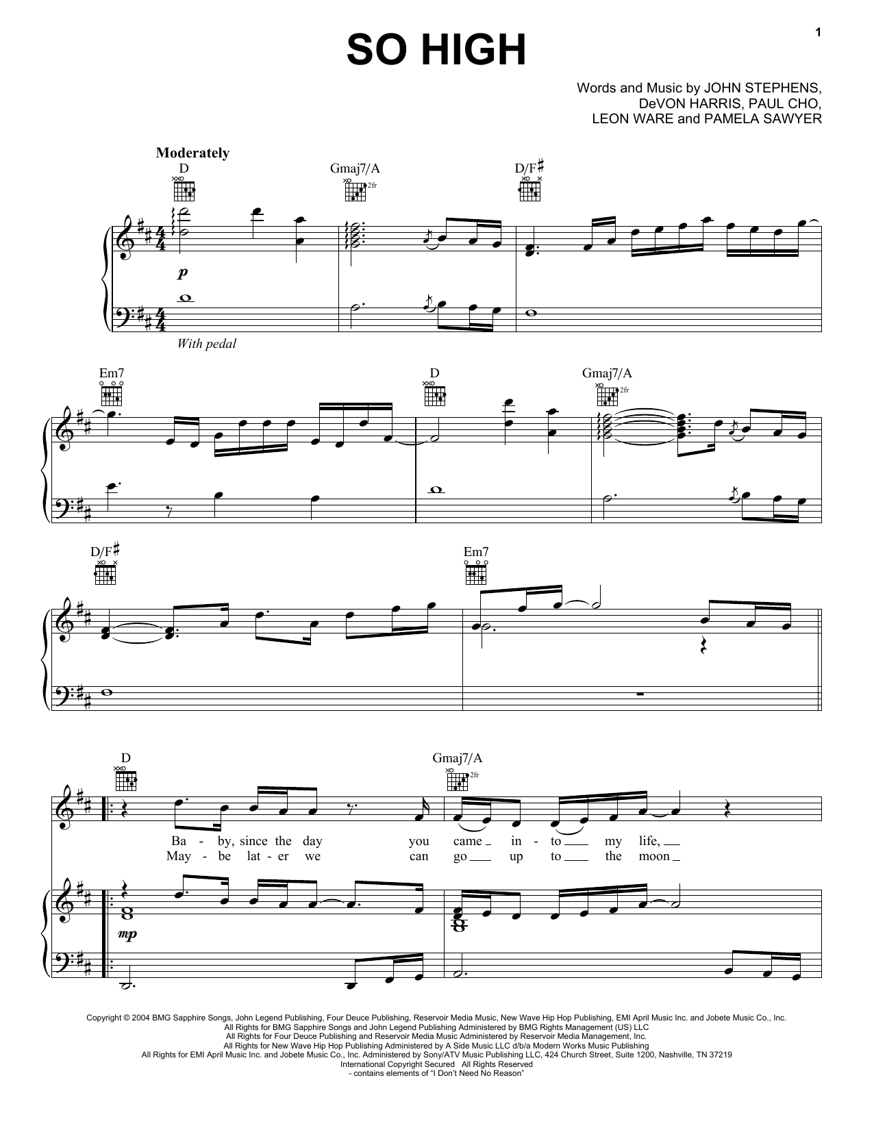 John Legend So High Sheet Music Notes & Chords for Piano, Vocal & Guitar (Right-Hand Melody) - Download or Print PDF