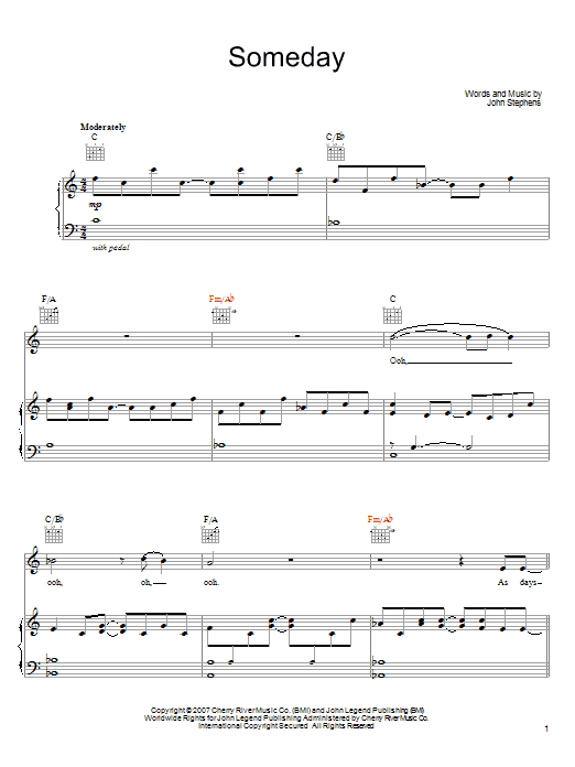 John Legend Someday Sheet Music Notes & Chords for Piano, Vocal & Guitar (Right-Hand Melody) - Download or Print PDF