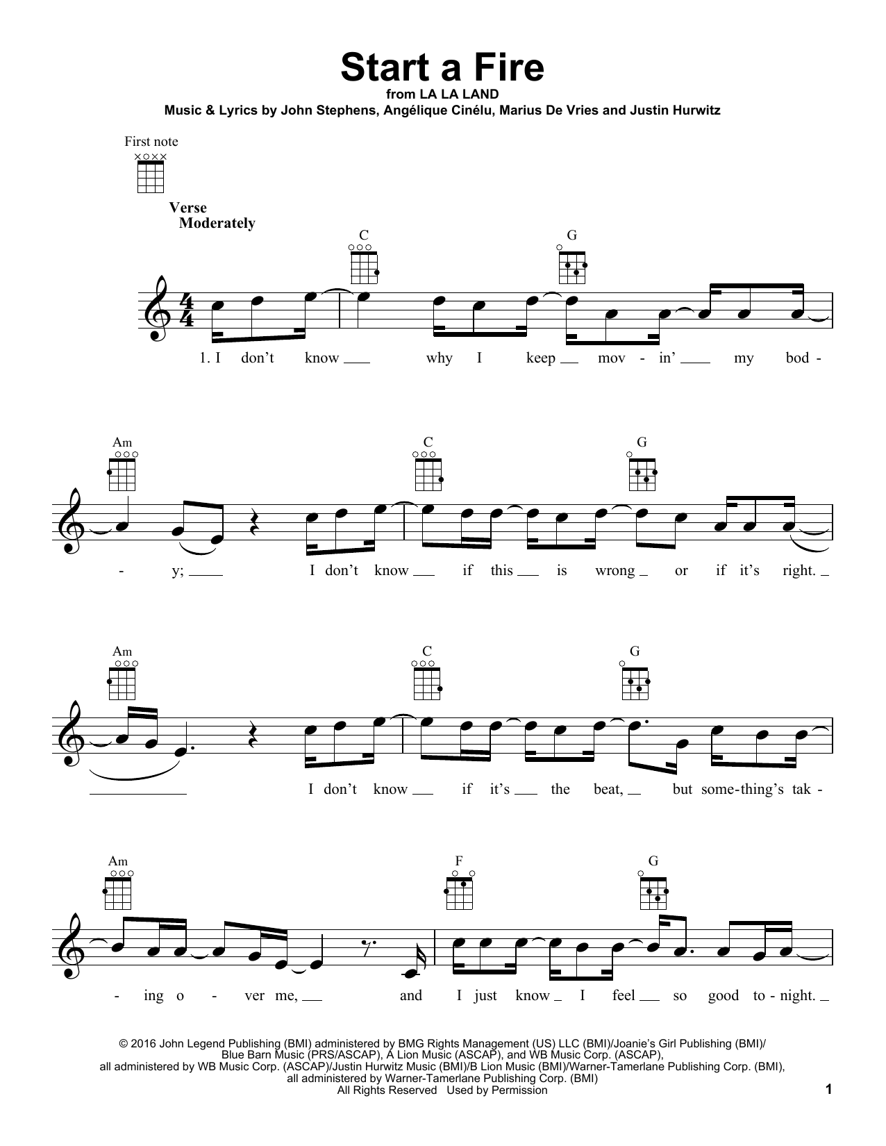 John Legend Start A Fire (from La La Land) Sheet Music Notes & Chords for Ukulele - Download or Print PDF