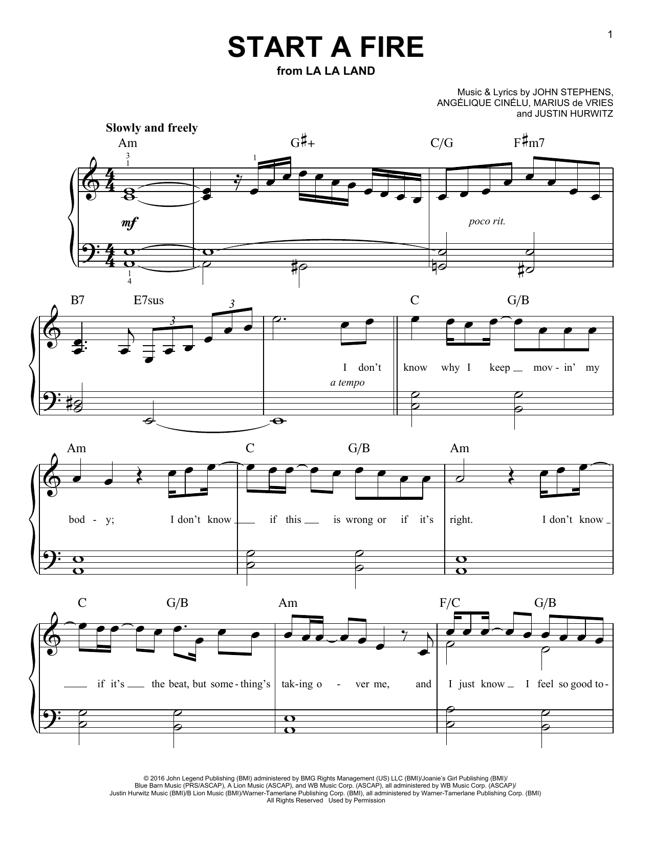 John Legend Start A Fire Sheet Music Notes & Chords for Piano & Vocal - Download or Print PDF