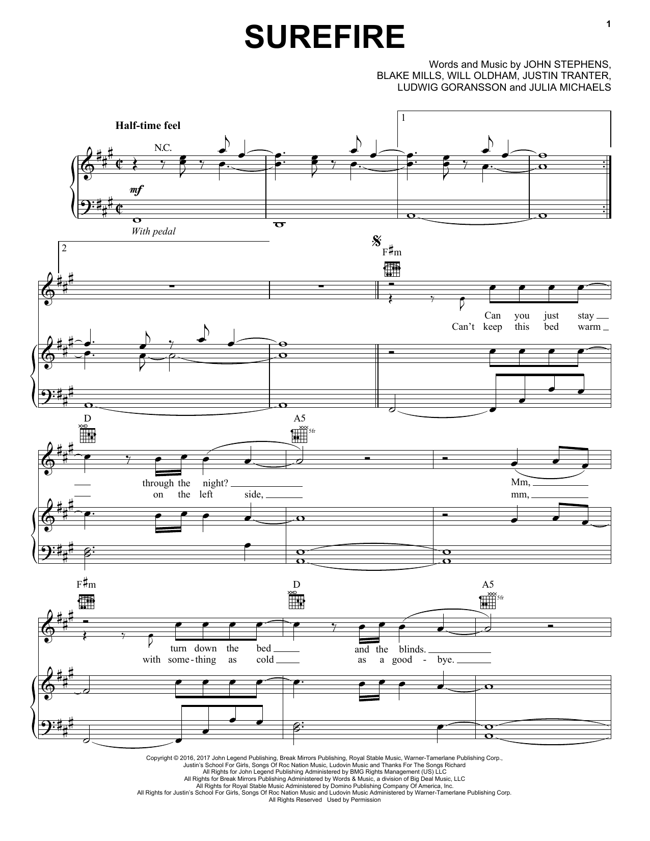 John Legend Surefire Sheet Music Notes & Chords for Piano, Vocal & Guitar (Right-Hand Melody) - Download or Print PDF