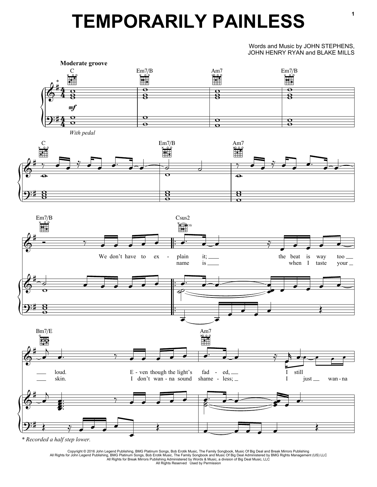 John Legend Temporarily Painless Sheet Music Notes & Chords for Piano, Vocal & Guitar (Right-Hand Melody) - Download or Print PDF John Legend Temporarily Painless Sheet Music Notes & Chords for Piano, Vocal & Guitar (Right-Hand Melody) - Download or Print PDF