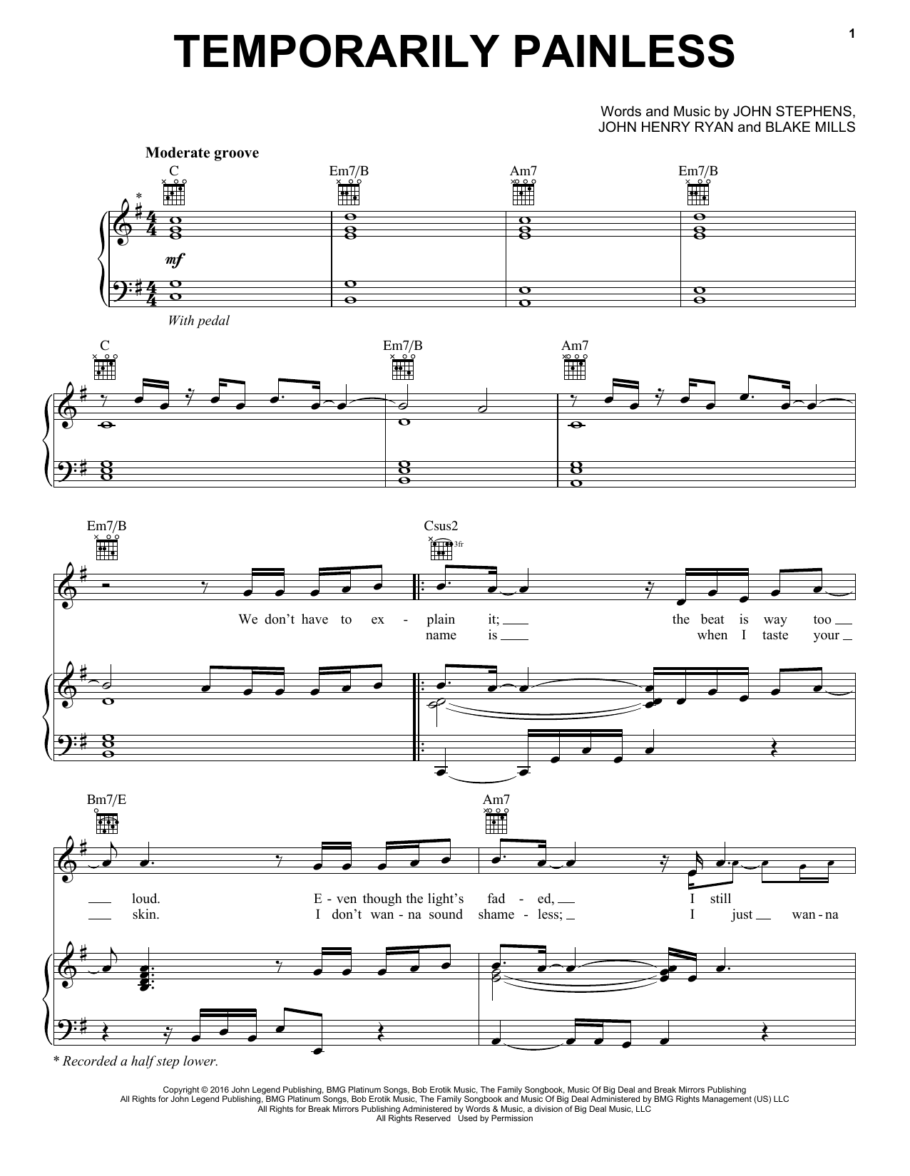 John Legend Temporarily Painless Sheet Music Notes & Chords for Piano, Vocal & Guitar (Right-Hand Melody) - Download or Print PDF