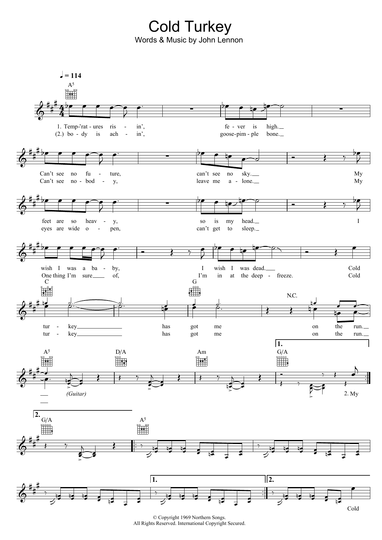 John Lennon Cold Turkey Sheet Music Notes & Chords for Melody Line, Lyrics & Chords - Download or Print PDF
