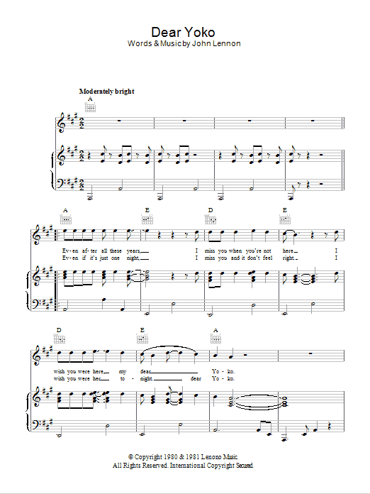 John Lennon Dear Yoko Sheet Music Notes & Chords for Piano, Vocal & Guitar Chords (Right-Hand Melody) - Download or Print PDF