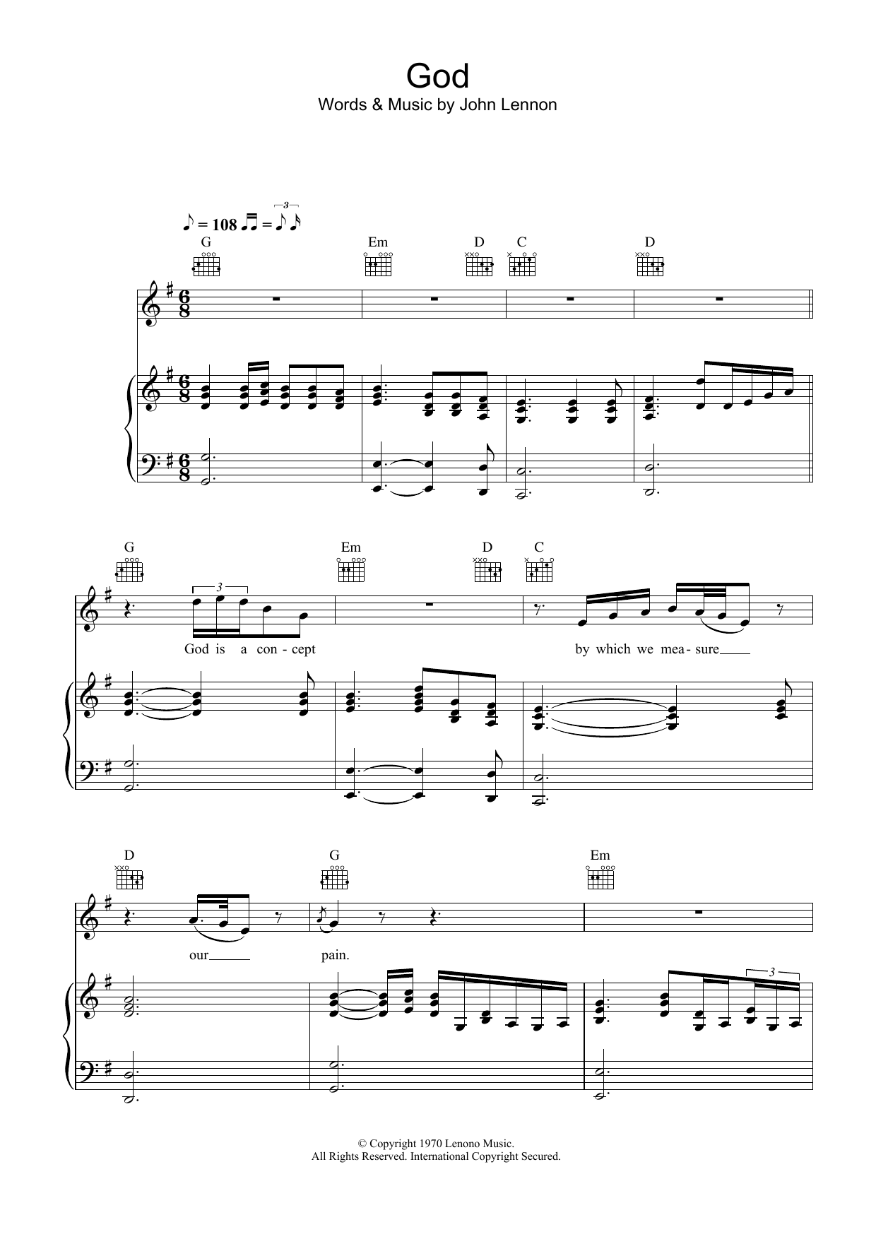 John Lennon God Sheet Music Notes & Chords for Melody Line, Lyrics & Chords - Download or Print PDF